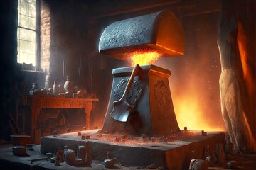 massive anvil with hammer in blacksmith shop against backdrop of burning furnace, created with generative ai - obrazy, fototapety, plakaty