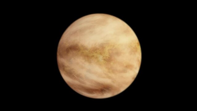 Venus rotating isolated on a black background. Turning of Venus planet, side view for presentations and education. Ultra HD 4K Loop footage. 3D render.