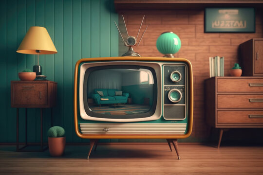 Retro television from the fifties in an old living room. Generative AI