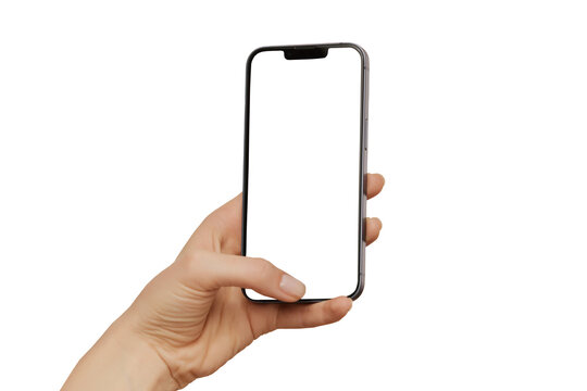 Female hand holding modern mobile phone with blank screen with copyspace isolated at white background. Cellphone mockup.
