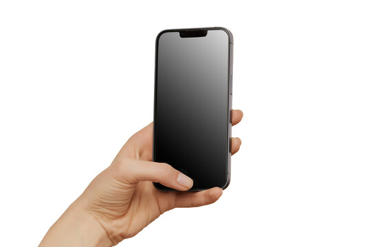 Female hand holding modern mobile phone with black  isolated at white background. Cellphone mockup.