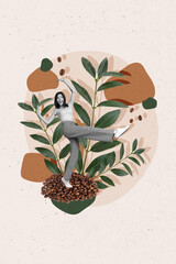 3d retro abstract creative artwork template collage of carefree funny lady growing coffee beans...