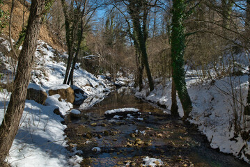 Winter landscape of snow-covered ground in the Catalan Pyrenees. Beginning of spring.