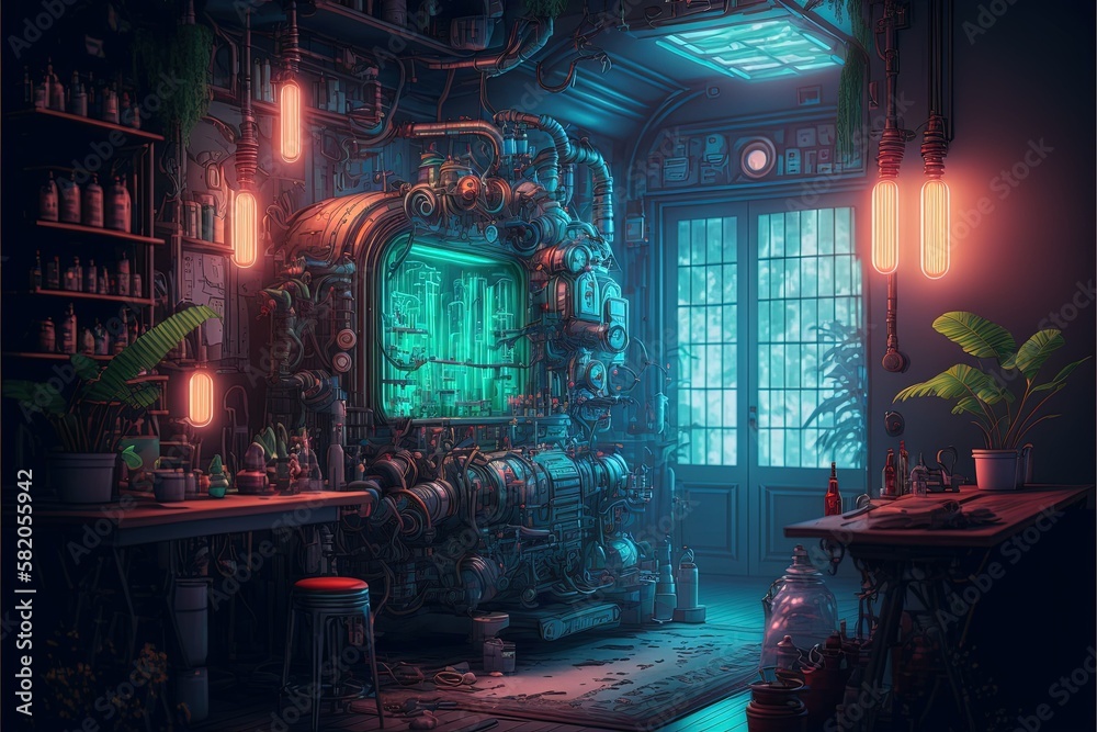 Wall mural Scientific laboratory. Machinarium interior with intricate design and tools. Generative Ai.