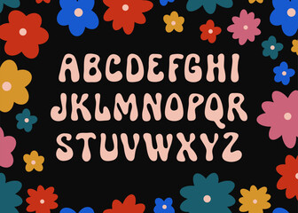 Vector psychedelic alphabet. Groovy psychedelia fun hand drawn font. Trippy simple geometric design template. Boho style ABC. Dope euphoria typeface. Positive vibes hippie letters on floral background - 582057122