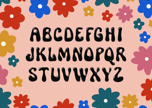 Vector psychedelic alphabet. Groovy psychedelia fun hand drawn font. Trippy simple geometric design template. Boho style ABC. Dope euphoria typeface with editable highlights on floral background