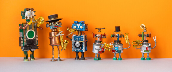 Six steampunk robots on an orange brown background. Metal copper