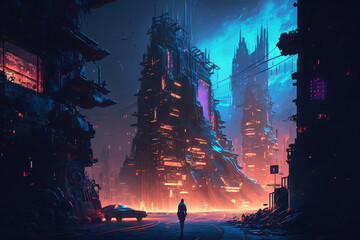 Cyberpunk futuristic cityscape with a neon skyline digital conceptual illustration night city street scene, steampunk, sci-fi, fantasy, illustration