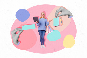 Photo cartoon comics sketch collage picture of smiling lady online shopping modern gadget isolated...