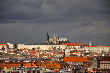 View from Vysehrad to Prague Castle over city in stormy time. Prague.