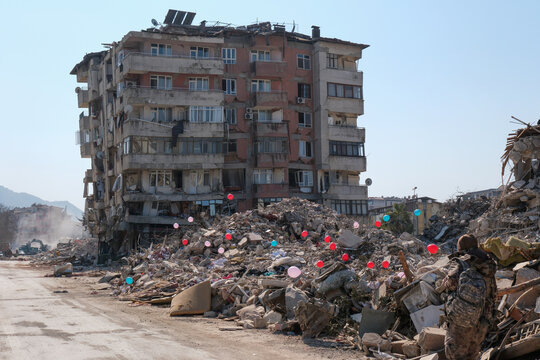 Kahramanmaras earthquake, Hatay, collapsed house and street, general view Hatay center.