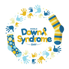 World Down Syndrome Day - text and ribbon sign in circle frame with lots of socks handprint and ribbon firework around vector design - obrazy, fototapety, plakaty