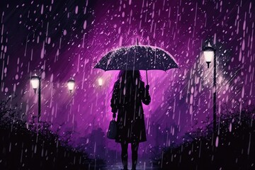 a man with an umbrella walks through the city at night it is raining. AI generated