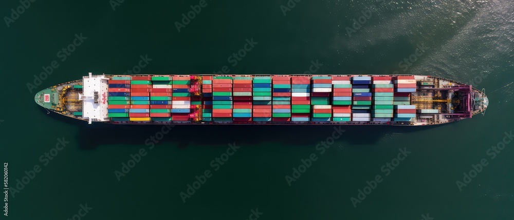 Leinwandbilder container ship loading and unloading. aerial view. panoramic shot. generative ai