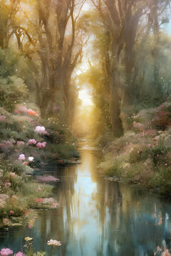 Fluss mit B&auml;umen und Blumen, Generative AI