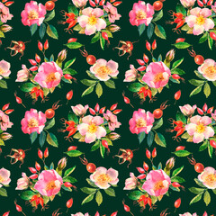 Watercolor illustration. Seamless pattern of rose hips flowers, leaves, berries on a black background. Seamless design of ripe rose hips for fabric, paper, printing