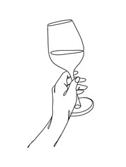 Continuous one line drawing of a hand holding a wine glass. Vector illustration.