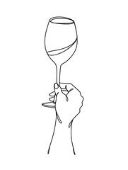 Continuous one line drawing of a hand holding a wine glass. Vector illustration.
