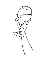 Continuous one line drawing of a hand holding a wine glass. Vector illustration.
