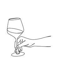 Continuous one line drawing of a hand holding a wine glass. Vector illustration.