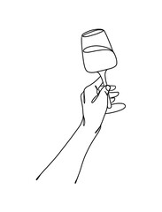 Continuous one line drawing of a hand holding a wine glass. Vector illustration.