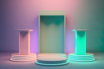 Realistic 3D podium with neon light and pastel color for product display. Created with Generative AI Technology	