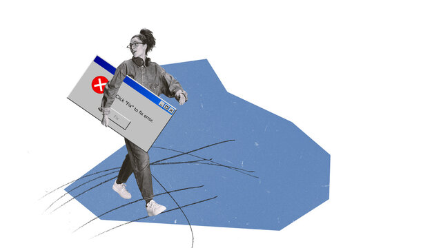 Contemporary art collage. Creative design. Young girl carrying digital window of error. IT services, programming and problems fixing. Concept of symbolism, modern technologies, imagination. Banner