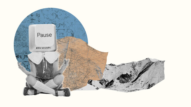 Contemporary art collage. Creative design. Girl with pause keyboard button on head sitting in yoga lotus pose and meditating. Concept of symbolism, modern technologies, imagination and inspiration