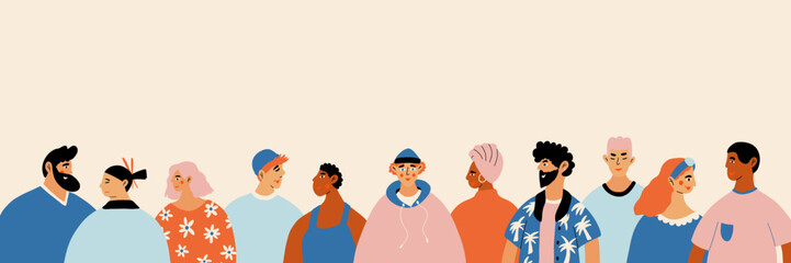 Diverse Unique Self. Group of diversity people in trendy hipster clothes. Cartoon vector illustration isolated on pink background. Pattern for site, social, article, book, banner.