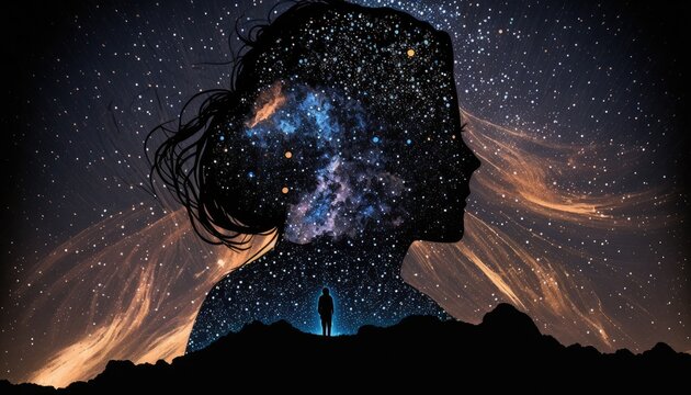 In love male silhouette dreaming about image of woman silhouette in night sky with beautiful galaxy stars landscape, sincere true love infatuation in female, lost love of life concept, generative AI