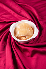 hot braised premium shark's fin soup and crab meat scallop in convoy superior stock white bowl on...