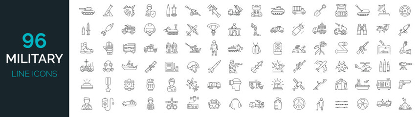 Outline set of 96 war, military, army line icons. Editable Stroke. Military Equipment, tools,  aids and appliances. collection and pack of linear icons.   - obrazy, fototapety, plakaty