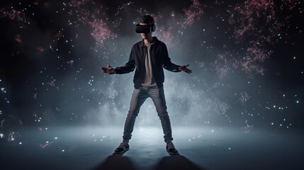 Fototapeta na wymiar A person in a futuristic virtual reality headset, interacting with a virtual reality environment. Gen AI