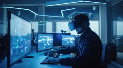 A person in a futuristic virtual reality headset, interacting with a virtual reality environment. Gen AI
