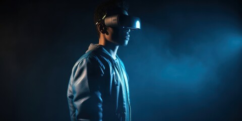 A person in a futuristic virtual reality headset, interacting with a virtual reality environment. Gen AI