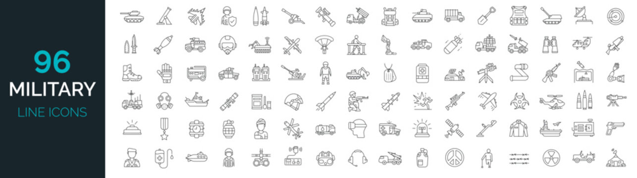 Outline set of 96 war, military, army line icons. Editable Stroke. Military Equipment, tools,  aids and appliances. collection and pack of linear icons.  