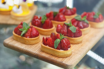 Delicious strawberry tart for lunch. Exotic Italian dessert food with fresh strawberries