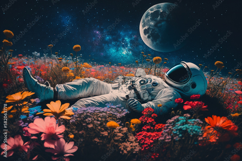 Wall mural astronaut or space man relaxing on a planet on a beautiful field of flowers. freedom and creativity 