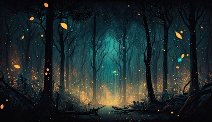 Magical midnight forest with beautiful flying firefly.