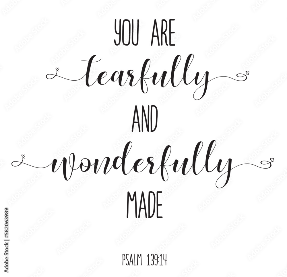 Wall mural Fearfully and wonderfully made. Christian poster. Psalm hand lettering quote. Baby Events. A beautiful christian theme for a sweet baby shower, sip and see, dedication, baptism party.