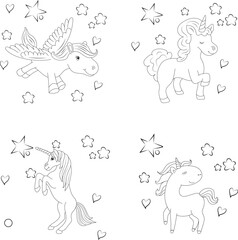 Fototapeta na wymiar Line art unicorn kids illustration for Children coloring book page