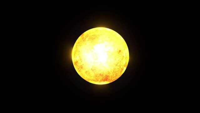 The Sun rotating isolated on black background. Turning of the Sun, side view. Ultra HD 4K Loop footage. 3D render.
