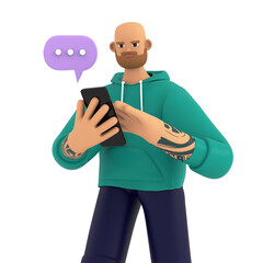 Businessman communicate with team with message icons around. Male person using mobile app for messaging and chat. Man texting email in messenger. 3d render illustartion Isolated on background
