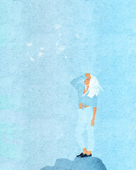 Ilustracja młoda kobieta z białymi włosami na niebieskim tle dmuchawce. - obrazy, fototapety, plakaty
