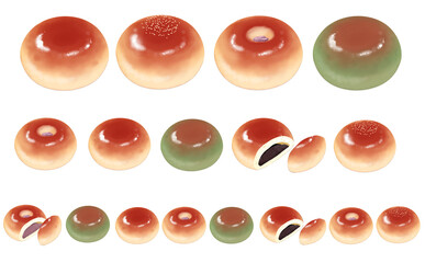 イラスト素材・一列に並んだ・あんパン4種セット 桜あんパン・ヨモギあんパン 白背景 色違い・差分有 