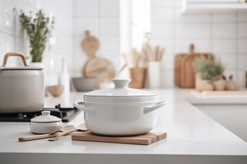 Fototapeta na wymiar White shiny cooking pot on a kitchen table. Generative AI
