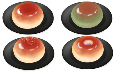 イラスト素材・皿に乗った・あんパン4種セット 桜あんパン・ヨモギあんパン 白背景 色違い・差分あり