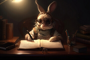 Elderly writer grandma bunny writing a story for her grandchildren. Generative AI - obrazy, fototapety, plakaty