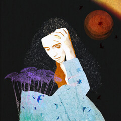 Ilustracja młoda kobieta siedząca w zamyśleniu ciemne tło. - obrazy, fototapety, plakaty