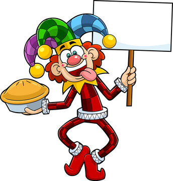 Laughing Jolly Jester Cartoon Character With Cake For Smear Face And Blank Sign. Vector Hand Drawn Illustration Isolated On Transparent Background